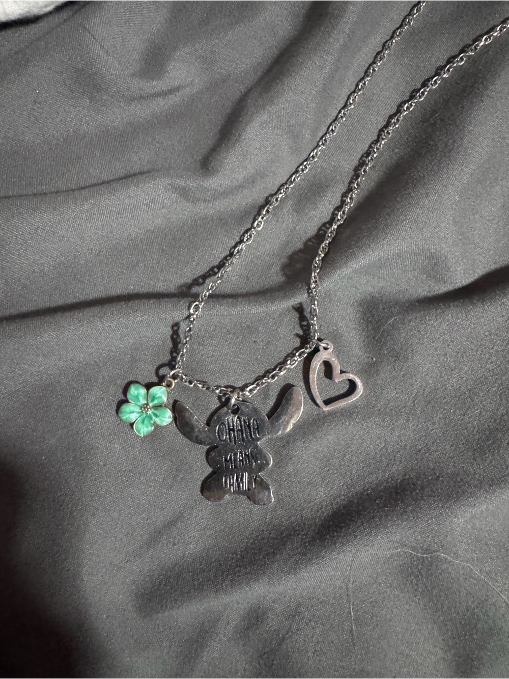 Silver Charm Necklace with Green Flower and Heart